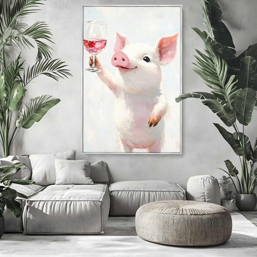 Tablou canvas cu tablou canvas cu purcelus si pahar de vin, in rama de aluminiu argintiu, pe perete intr-un living